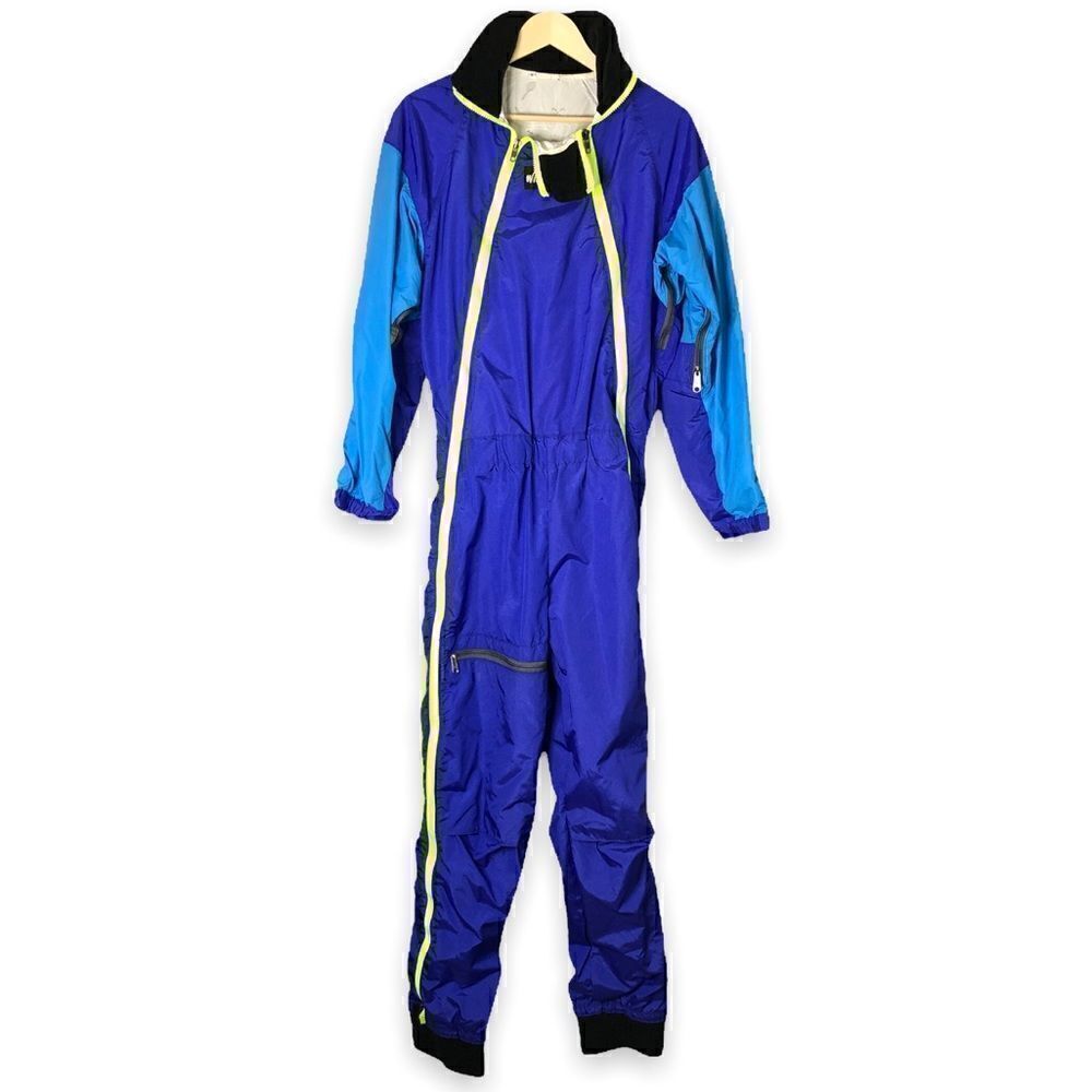 Vintage WILD THINGS Ski Snow Suit in Blue and Neon Yellow